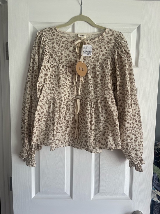 BiBi Tops - BiBi Cream Blush Floral Tie-Front Peasant Blouse